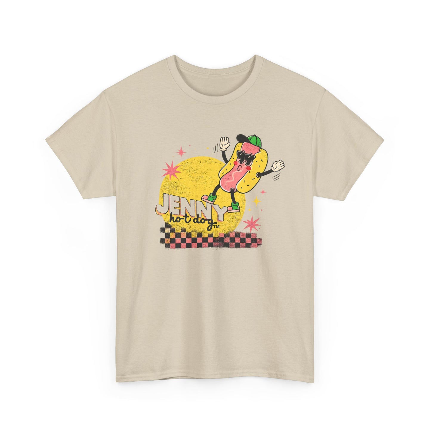 Jenny Hot Dog Character Tee | Retro Checkerboard Pop Art Design