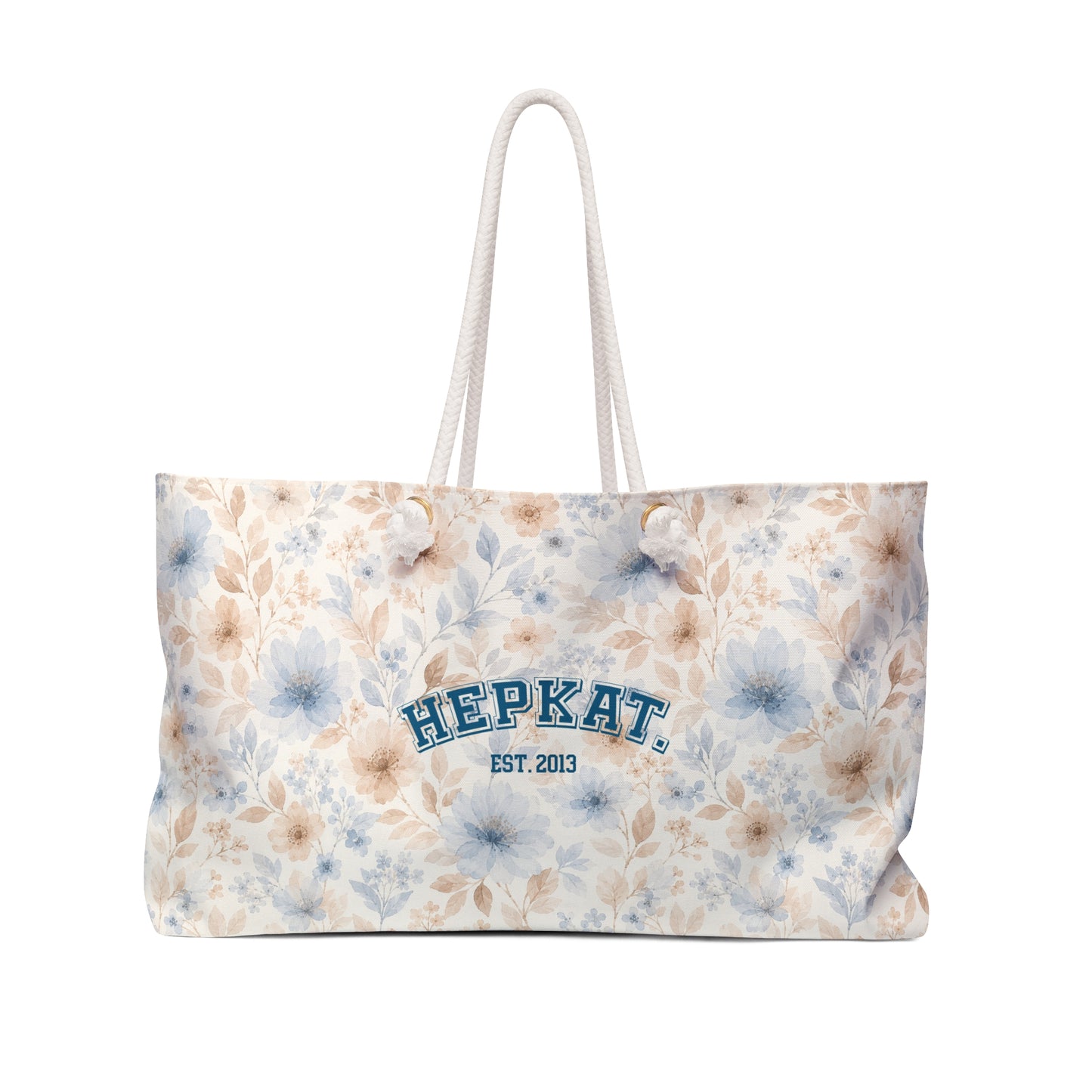 Floral Weekender Bag — Soft Blue & Beige Travel Tote with 'HEPKAT' Patch