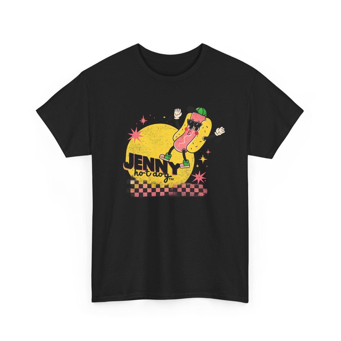 Jenny Hot Dog Character Tee | Retro Checkerboard Pop Art Design