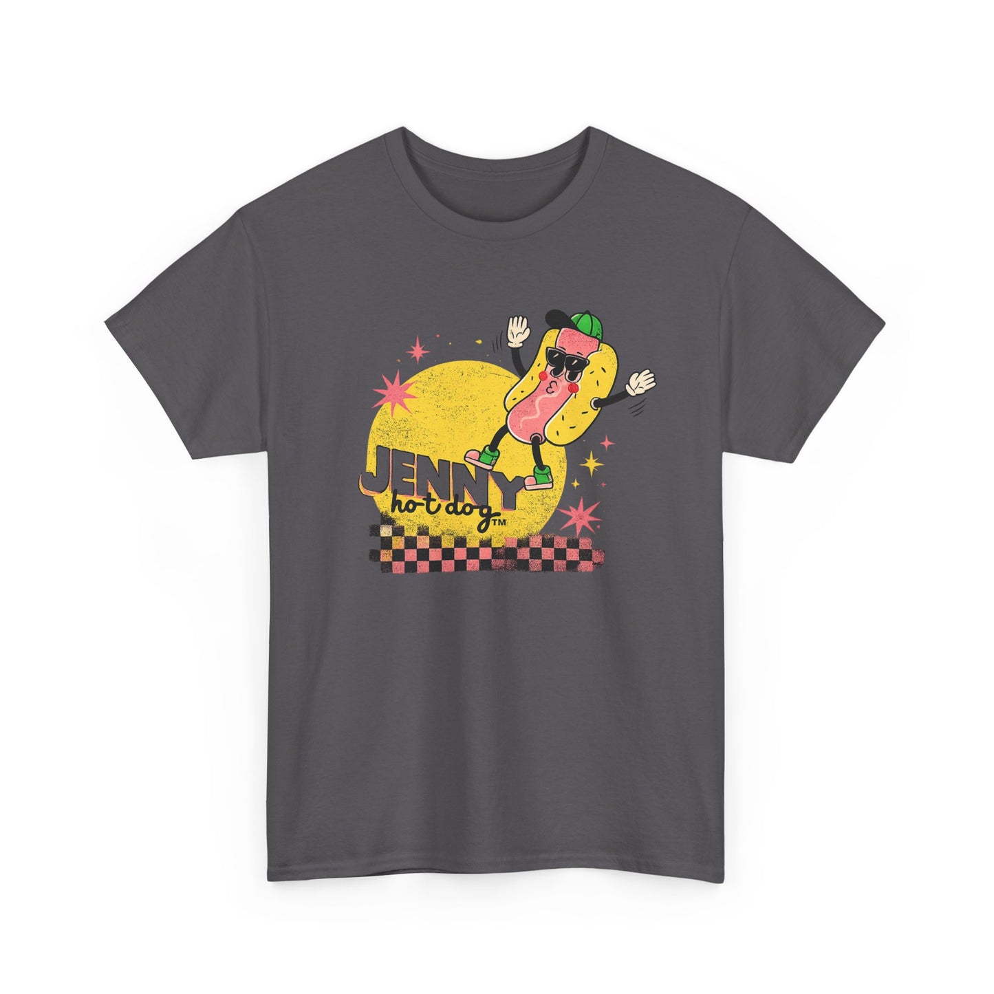 Jenny Hot Dog Character Tee | Retro Checkerboard Pop Art Design