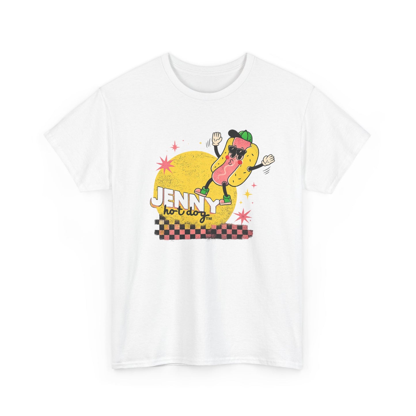 Jenny Hot Dog Character Tee | Retro Checkerboard Pop Art Design