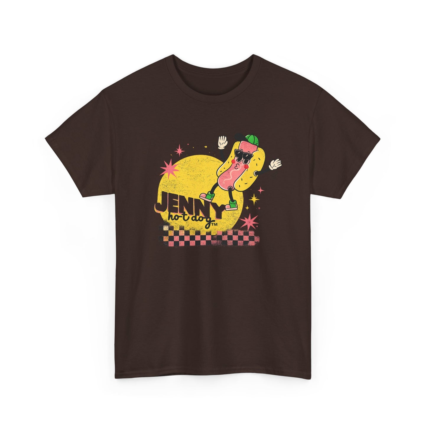 Jenny Hot Dog Character Tee | Retro Checkerboard Pop Art Design