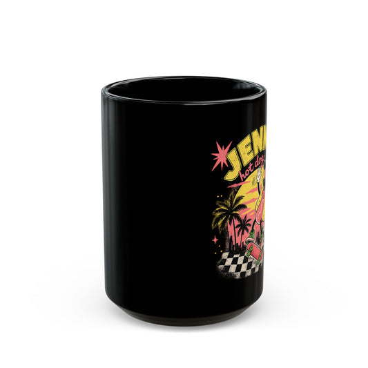 Personalized Jenny Hot Dog Skateboard Black Mug – Retro Beach Skate Coffee Cup (11oz, 15oz)