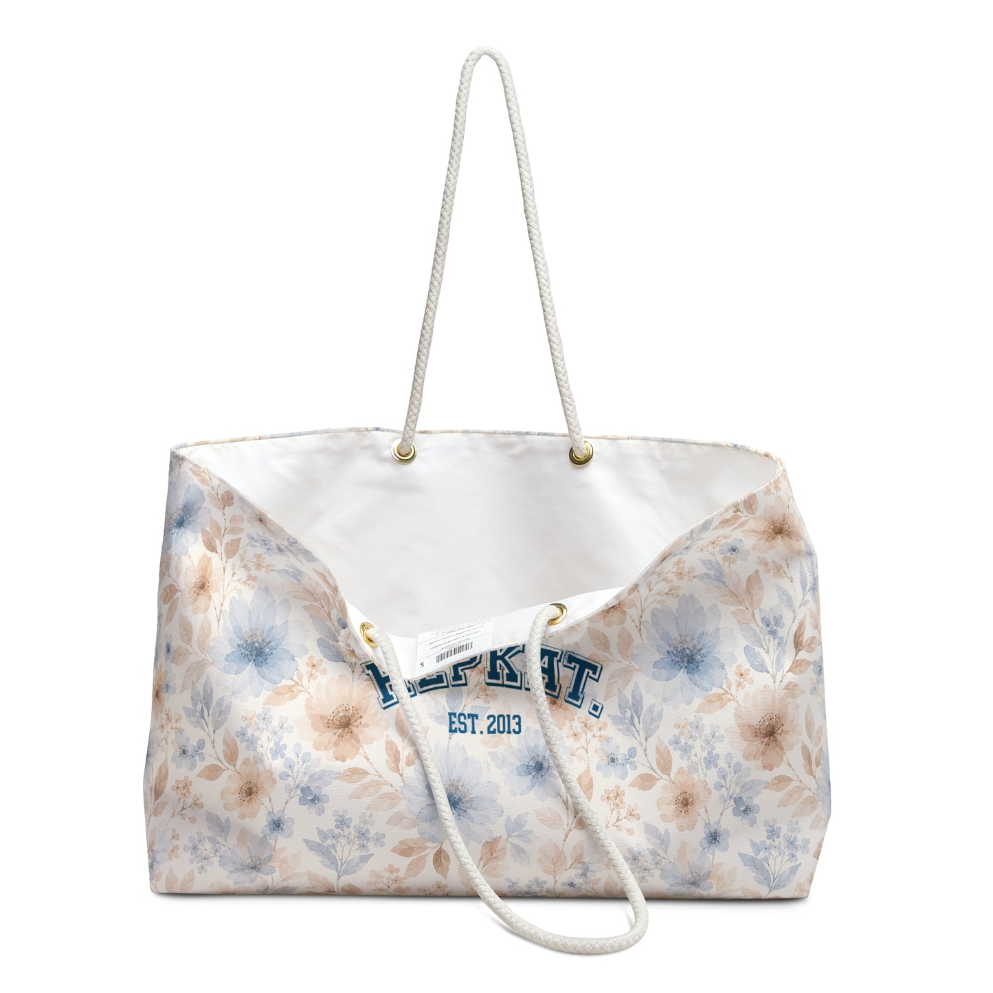 Floral Weekender Bag — Soft Blue & Beige Travel Tote with 'HEPKAT' Patch