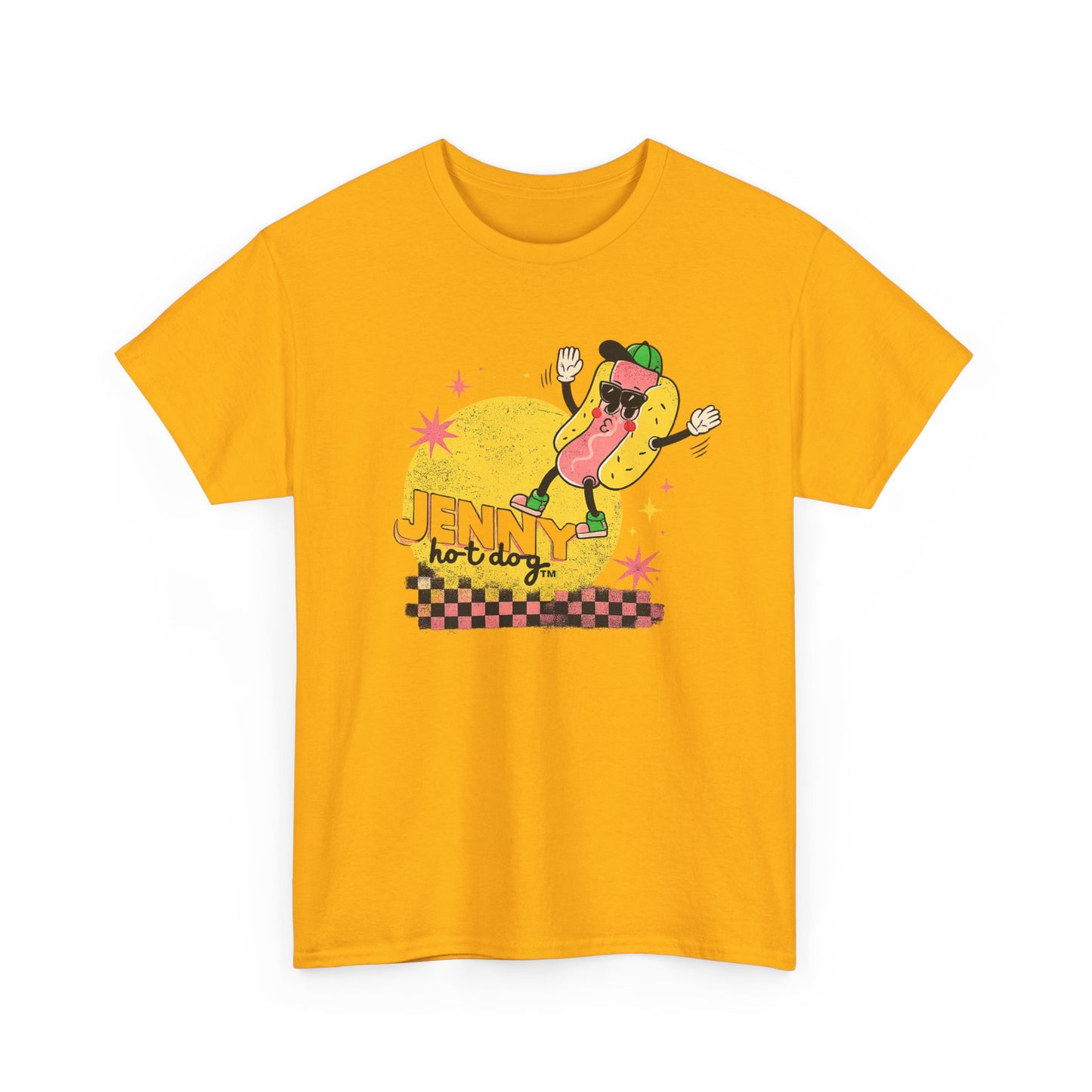 Jenny Hot Dog Character Tee | Retro Checkerboard Pop Art Design