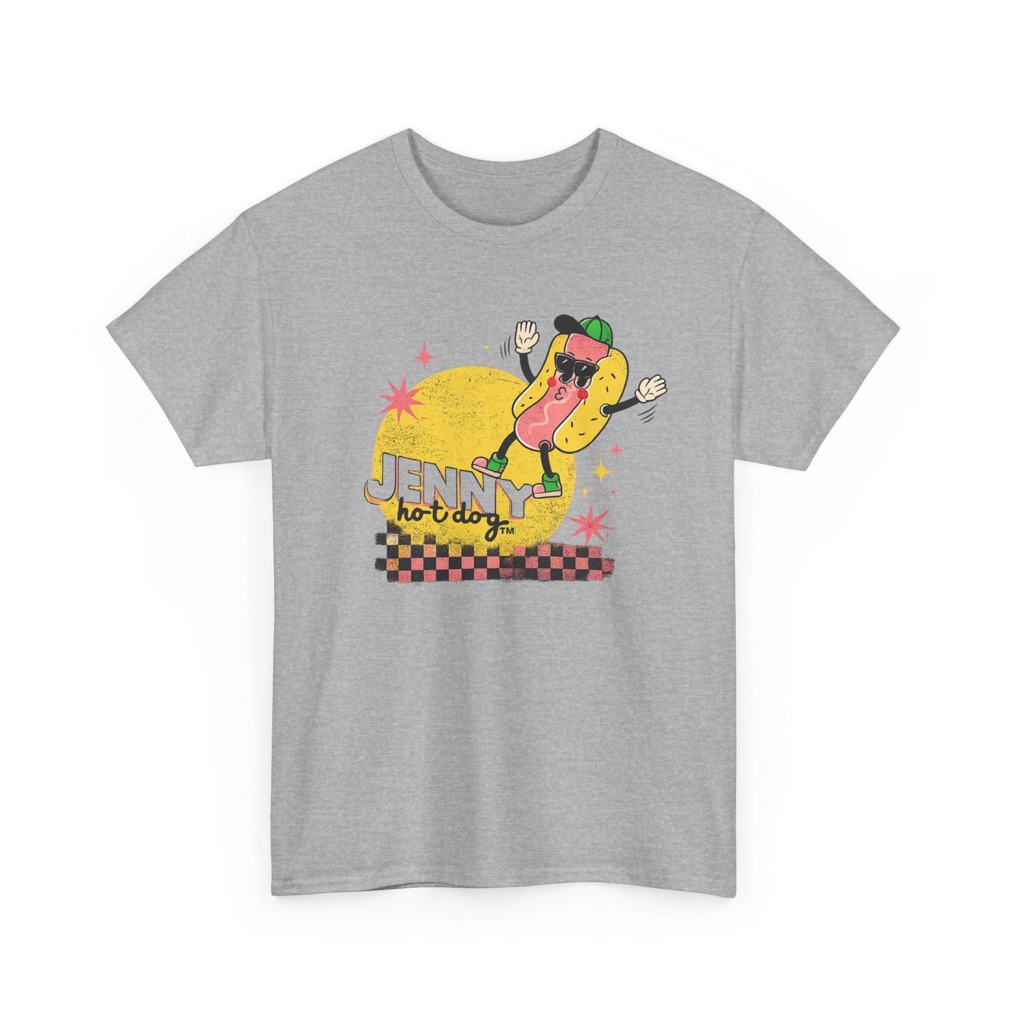 Jenny Hot Dog Character Tee | Retro Checkerboard Pop Art Design