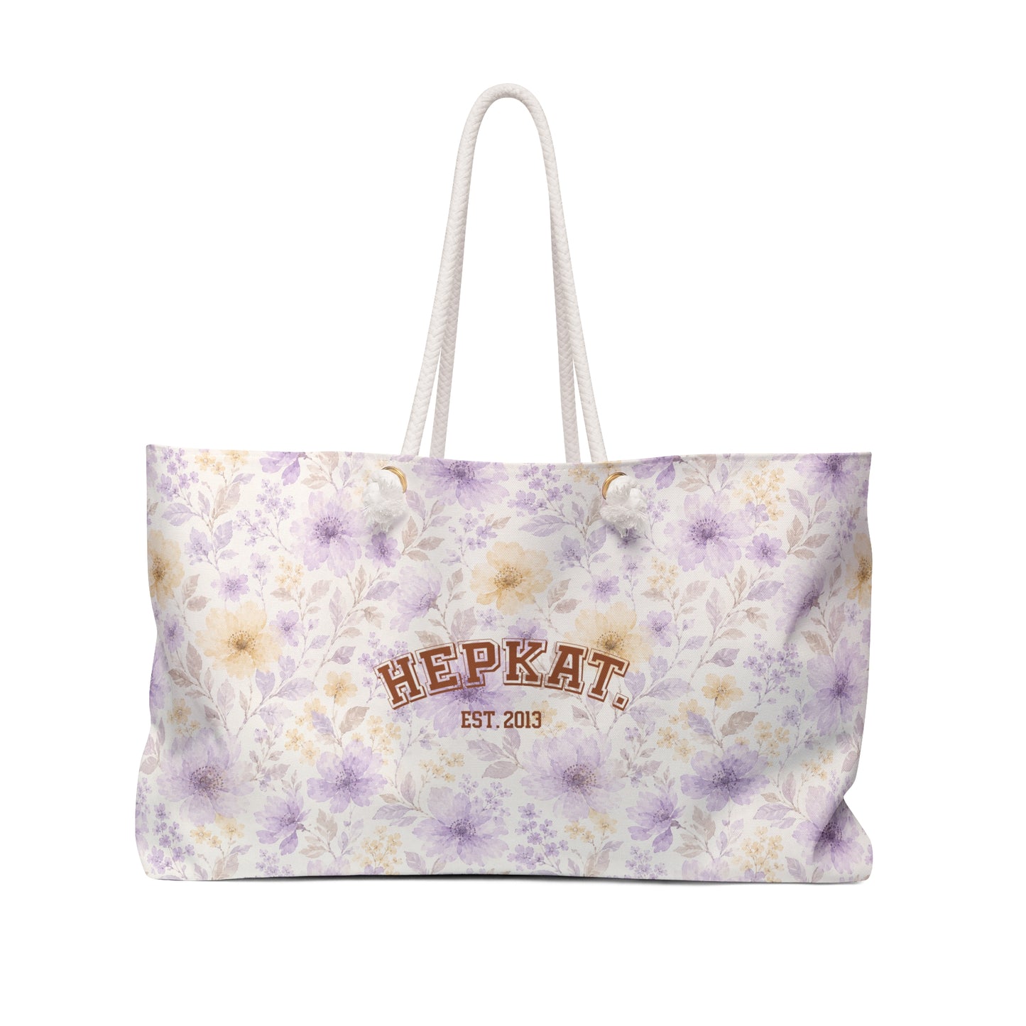 Floral Weekender Bag - Lavender & Cream Watercolor Flowers, 'HEPKAT' Est. 2013 Travel Tote