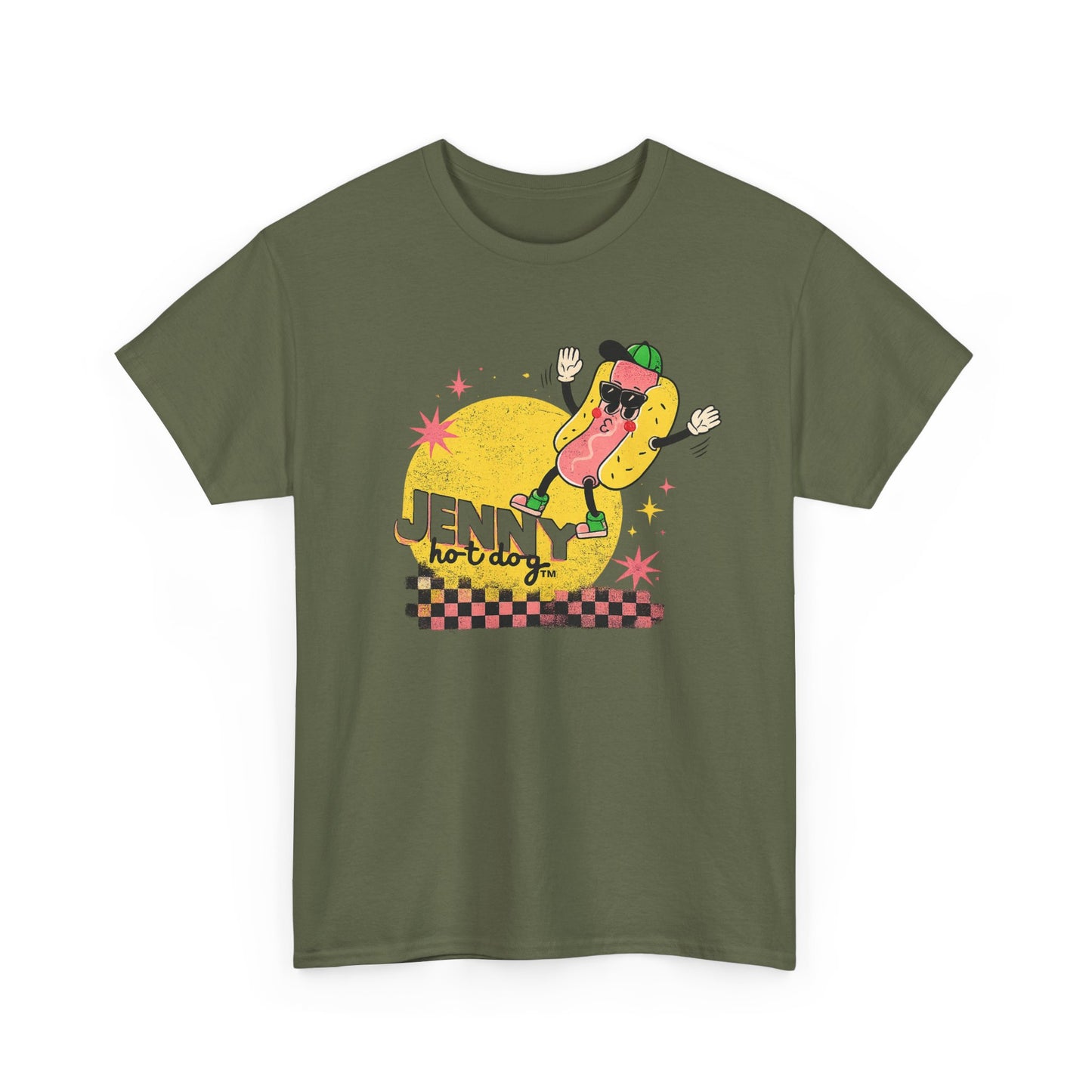 Jenny Hot Dog Character Tee | Retro Checkerboard Pop Art Design