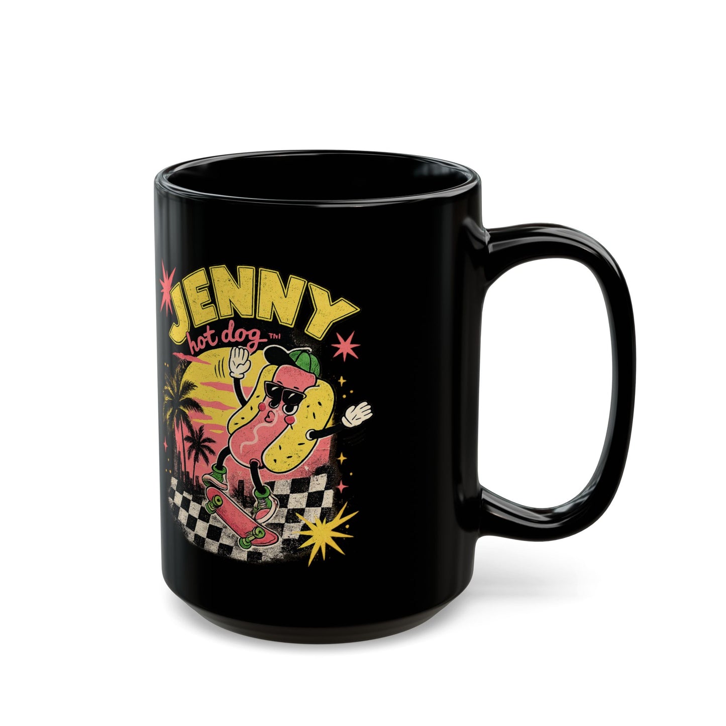 Personalized Jenny Hot Dog Skateboard Black Mug – Retro Beach Skate Coffee Cup (11oz, 15oz)