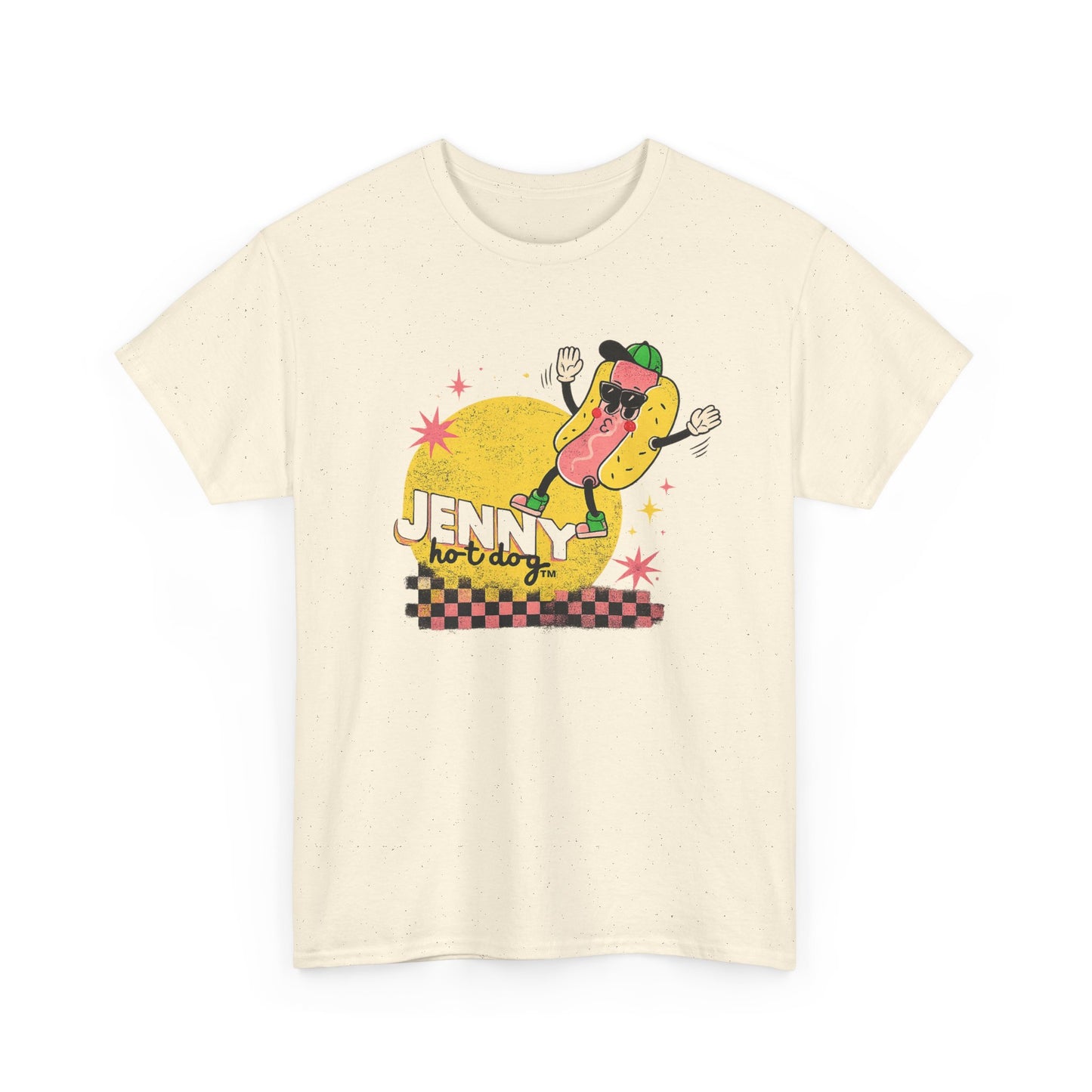Jenny Hot Dog Character Tee | Retro Checkerboard Pop Art Design