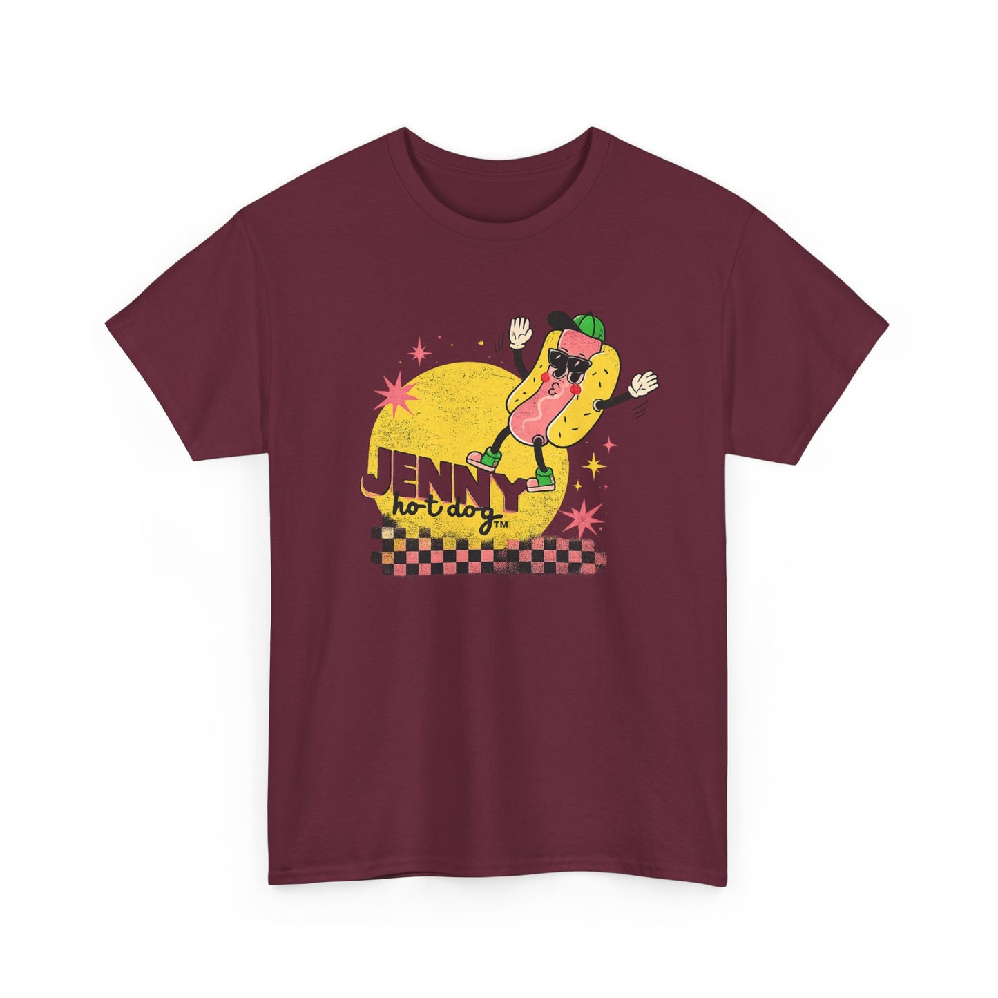 Jenny Hot Dog Character Tee | Retro Checkerboard Pop Art Design