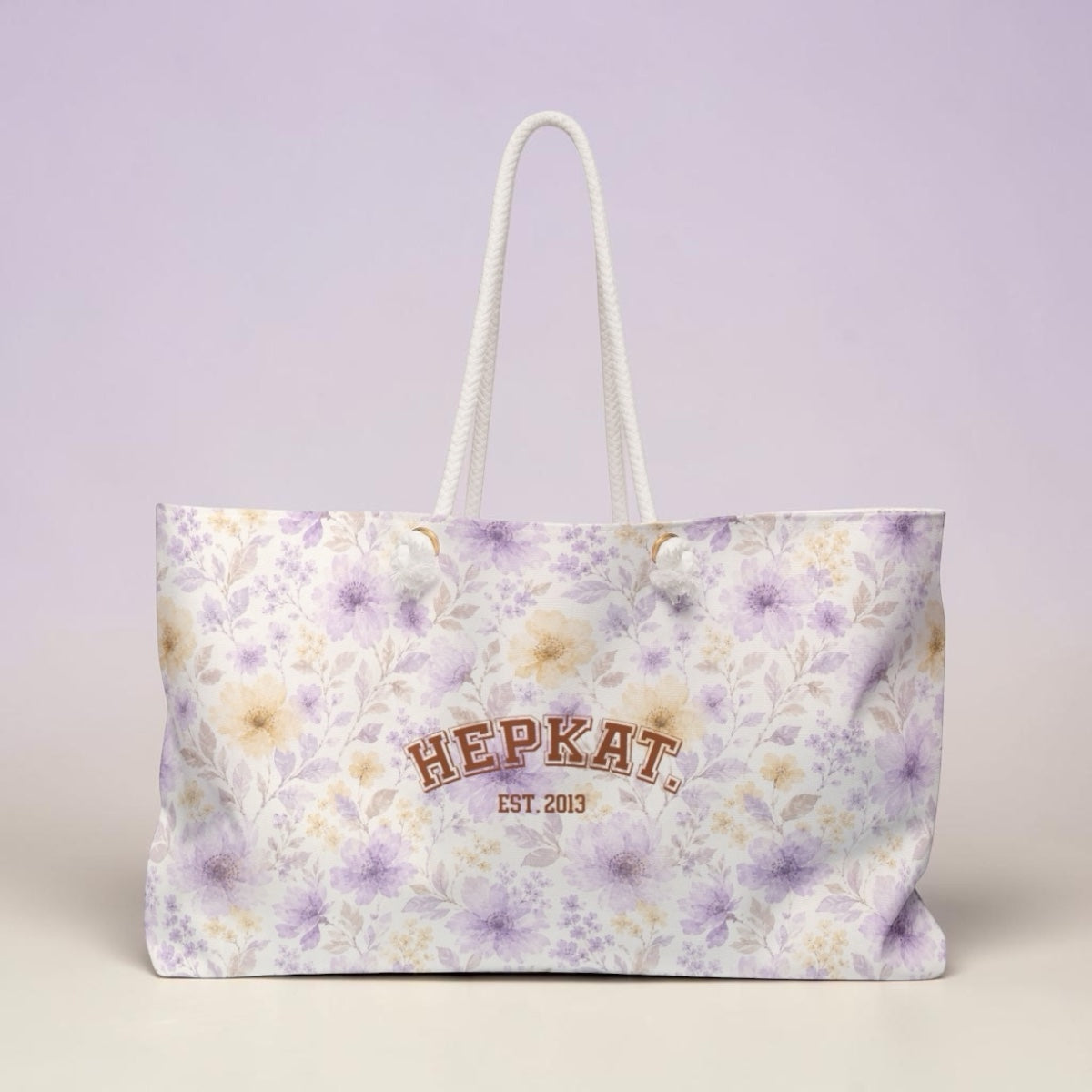 Floral Weekender Bag - Lavender & Cream Watercolor Flowers, 'HEPKAT' Est. 2013 Travel Tote