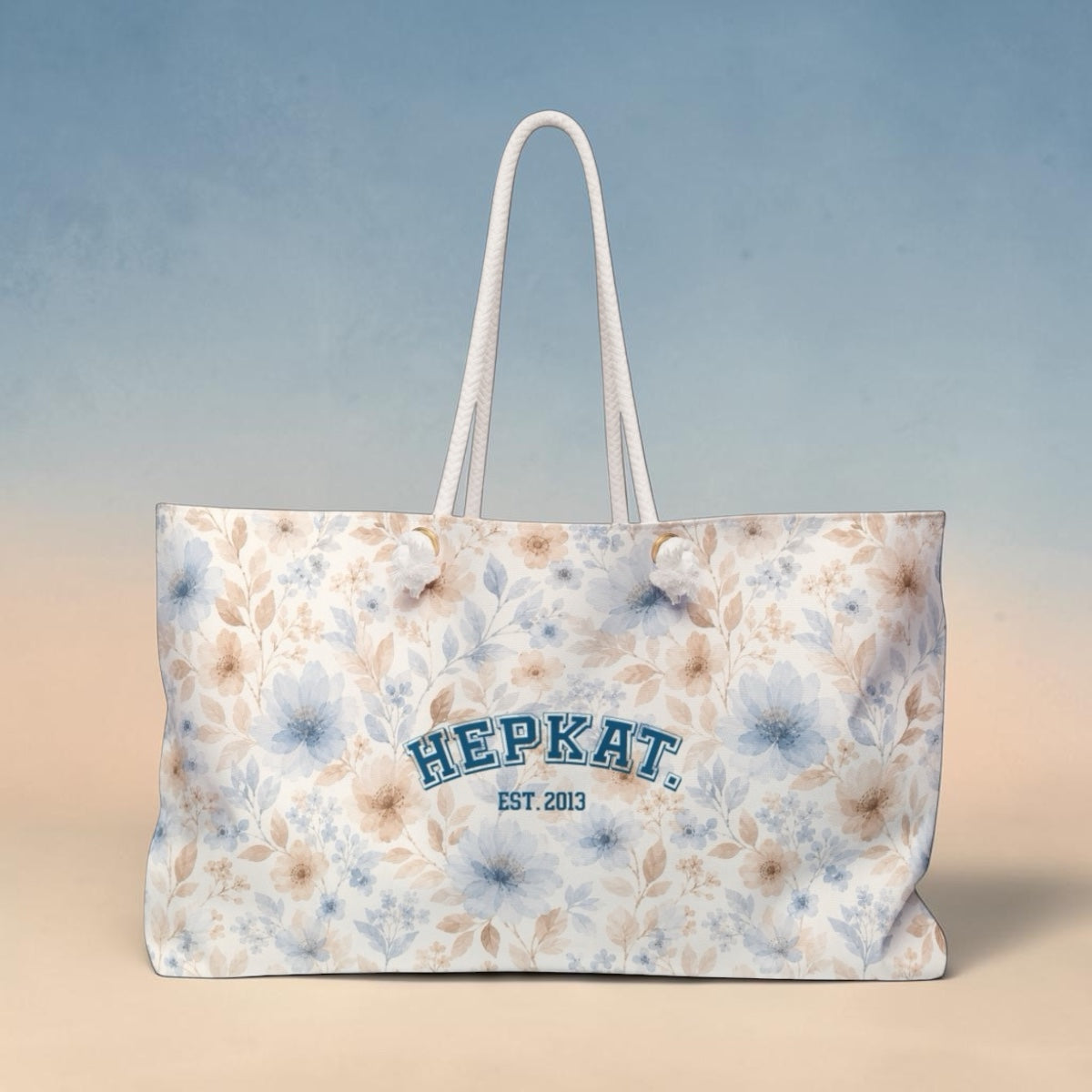 Floral Weekender Bag — Soft Blue & Beige Travel Tote with 'HEPKAT' Patch