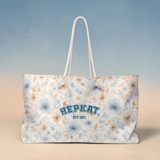 Floral Weekender Bag — Soft Blue & Beige Travel Tote with 'HEPKAT' Patch