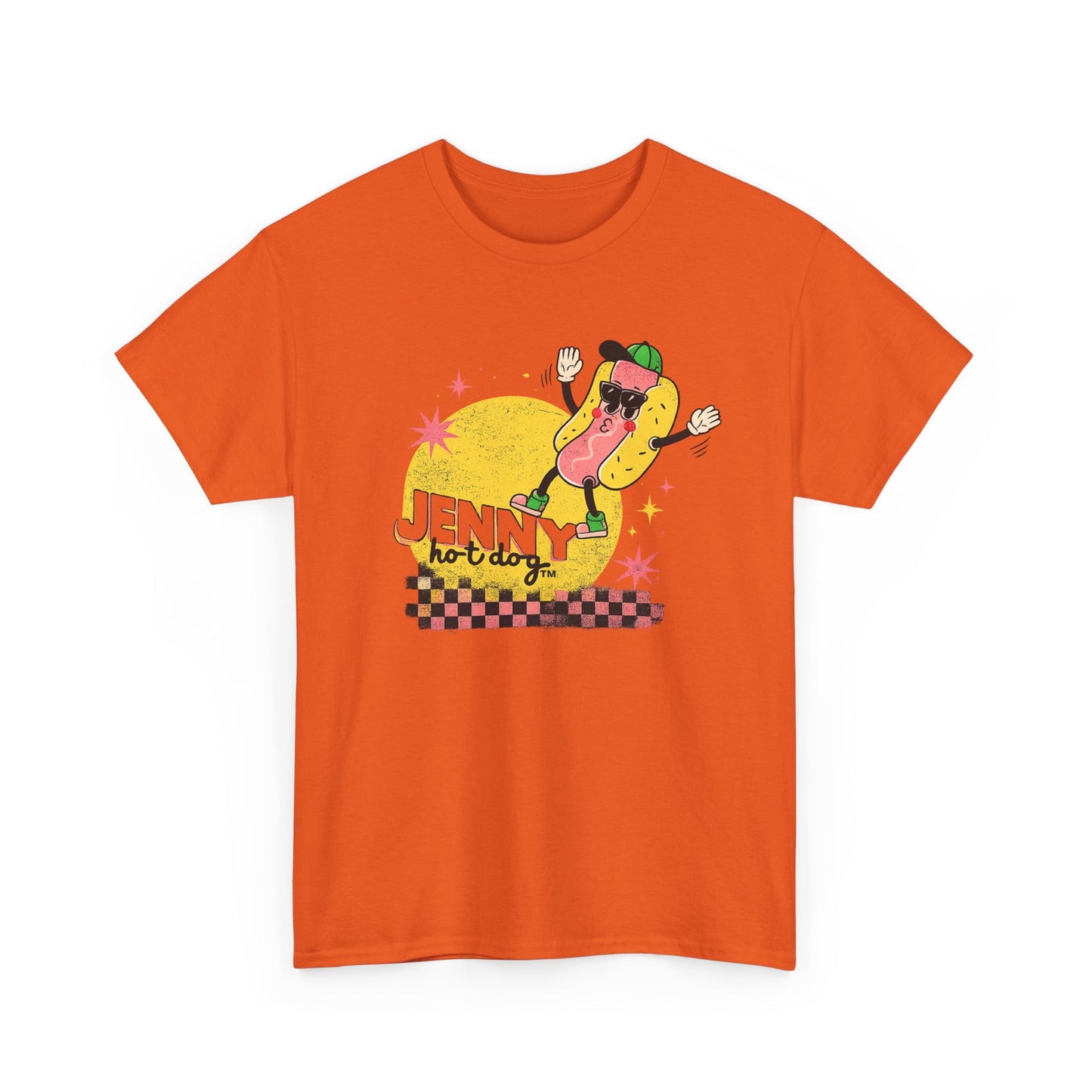 Jenny Hot Dog Character Tee | Retro Checkerboard Pop Art Design