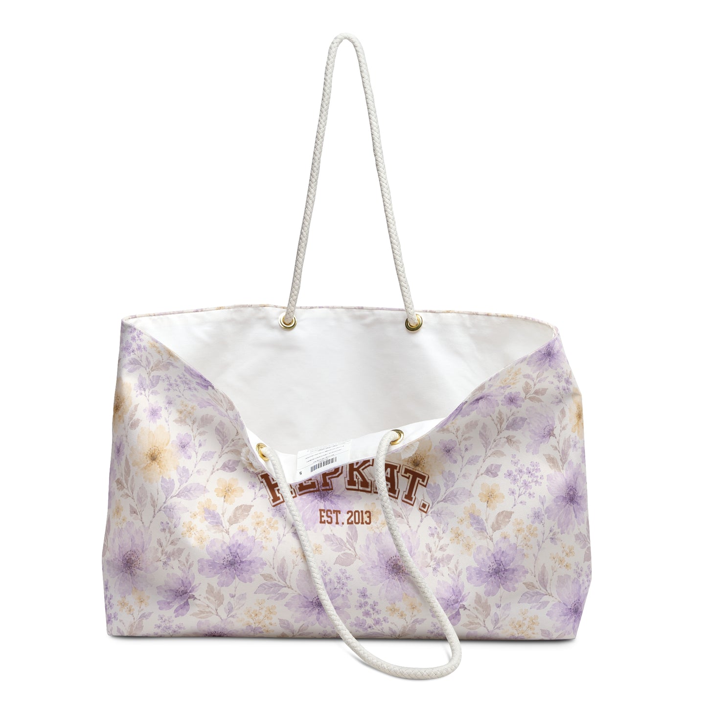 Floral Weekender Bag - Lavender & Cream Watercolor Flowers, 'HEPKAT' Est. 2013 Travel Tote